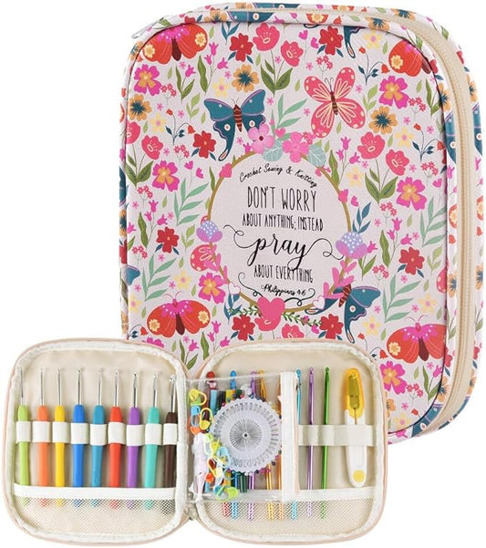 Crochet Hook Case,Portable Zipper Storage Organizer Bag for Crochet Hooks, Knitting Needles, Project & Sewing Supplies, Lightweight,Easy to Hold (No Accessories Included).Beige Butterfly