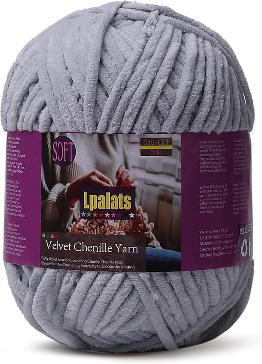 Baby Blanket Yarn for Crocheting - 1 Pack of 200g/7oz Chunky Chenille Yarn for Knitting Blankets Amigurumi - #6 Super Bulky - 174 Yards Soft Thick Plush Yarns (1, Light Grey)