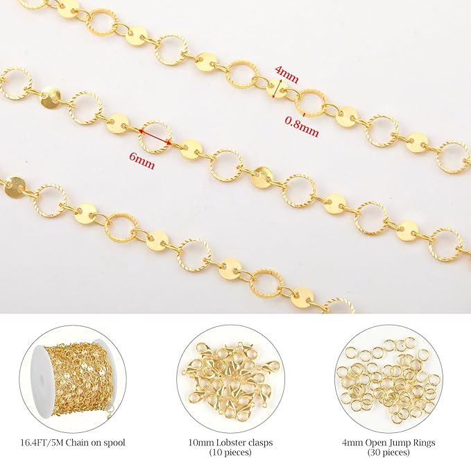 KYUNHOO 5 Meters Gold Plated Jewelry Making Chains Hollow Circle Chain Sequin Chain for Jewelry Making 18K Gold Chain Bulk for Handcraft Making with Jewelry Clasps