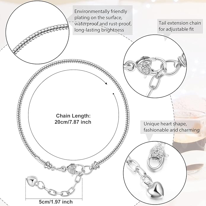 Junkin 12 Pcs Snake Chain Charm Bracelet with Heart Lobster Clasp Extender Adjustable Christmas DIY Metal Bracelet Chain for Women Jewelry Making Gifts Supplies 7.87 Inches