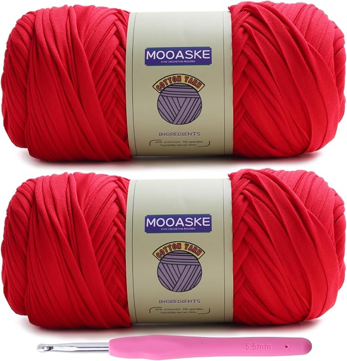 2 Pack T-Shirt Crochet Yarn for DIY Knitting Crochet Cloth Blanket Bag Dolls - 400g Chunky Thick Yarn for Crocheting with Polyester-Spandex Blend Elastic Fabric (Red)
