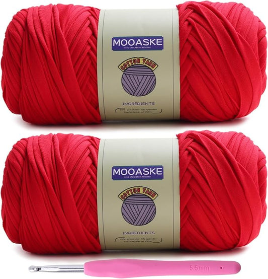 2 Pack T-Shirt Crochet Yarn for DIY Knitting Crochet Cloth Blanket Bag Dolls - 400g Chunky Thick Yarn for Crocheting with Polyester-Spandex Blend Elastic Fabric (Red)