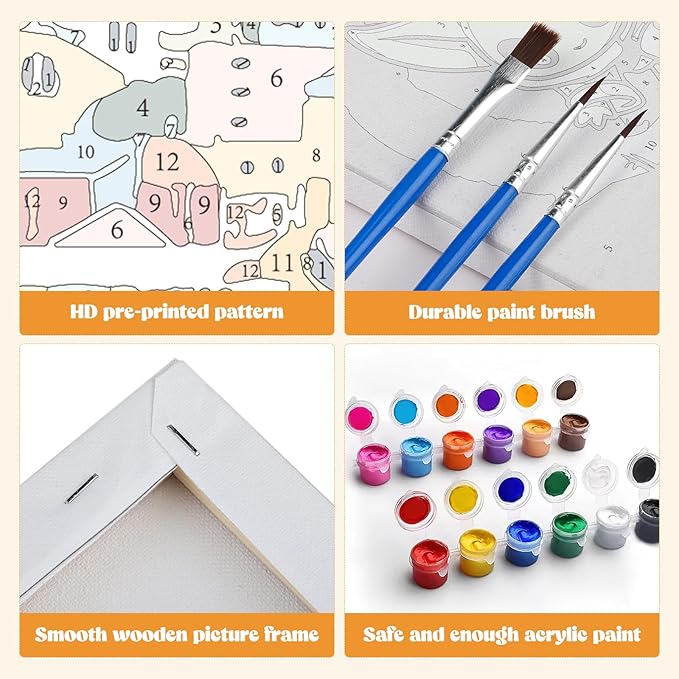 MXJSUA 4 Pack Romantic Street Scene Framed Paint by Numbers Kit with Canvas for Adults Beginner, DIY Acrylic Oil Painting Kits with Brushes for Home Wall Decor Gift (8x10 inch)