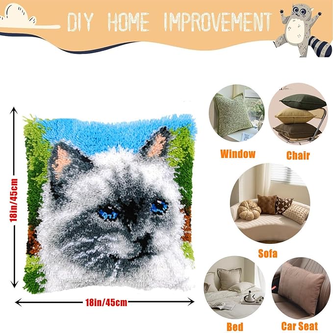 EMISTEM Latch Hook Kits for Adults - Latch Hook Pillow Kits, Crochet Yarn Kit for Beginners, DIY Needlework Crafts Cover Case with Printed Canvas, Gift Packaging. (Blue Eyes Cat,17x17 inch)