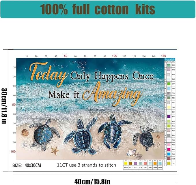 Sea Turtle Stamped Cross Stitch Kits for Adults -Beach Embroidery Kits for Beginners Adults,11 CT Patterns Dimensions Counted Cross Stitch Kits for Adults Arts Craft 12x16 inch