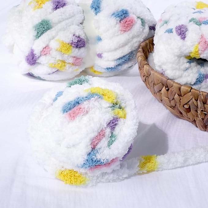 HOMBYS Chunky Tie Dye Mix Chenille Yarn for Hand Knitting, Super Bulky Jumbo Yarn for Crocheting, 3/4" Thick Soft Plush Yarn for Blankets, 8 Skein Pack (26 yds / 7.5 oz Each) Rainbow White