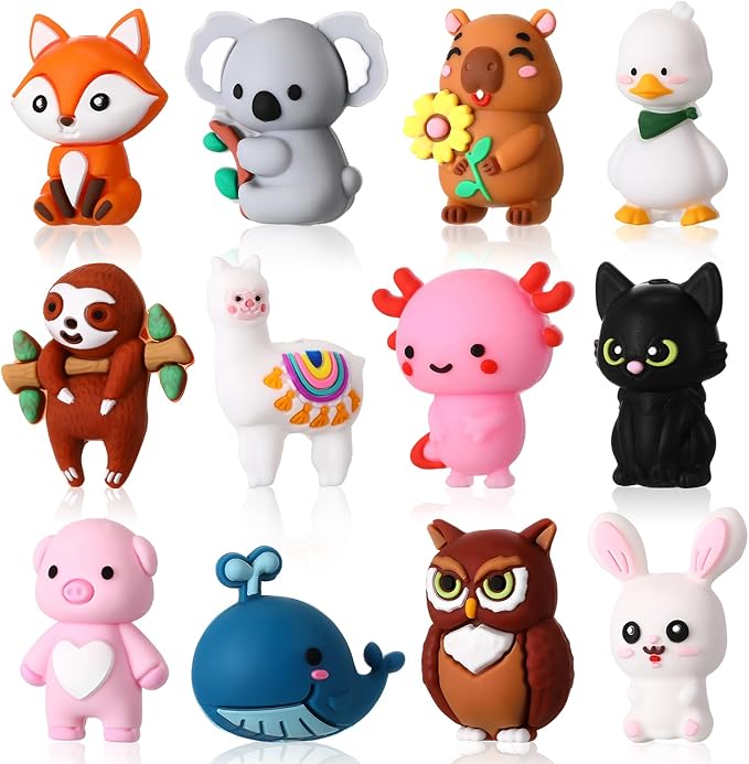 12 Pcs 3D Silicone Focal Beads Pens Beads Bulk for Beadable Keychain DIY Crafts Necklace Bracelet Phone Chain Charms Jewelry Making (Animals B)