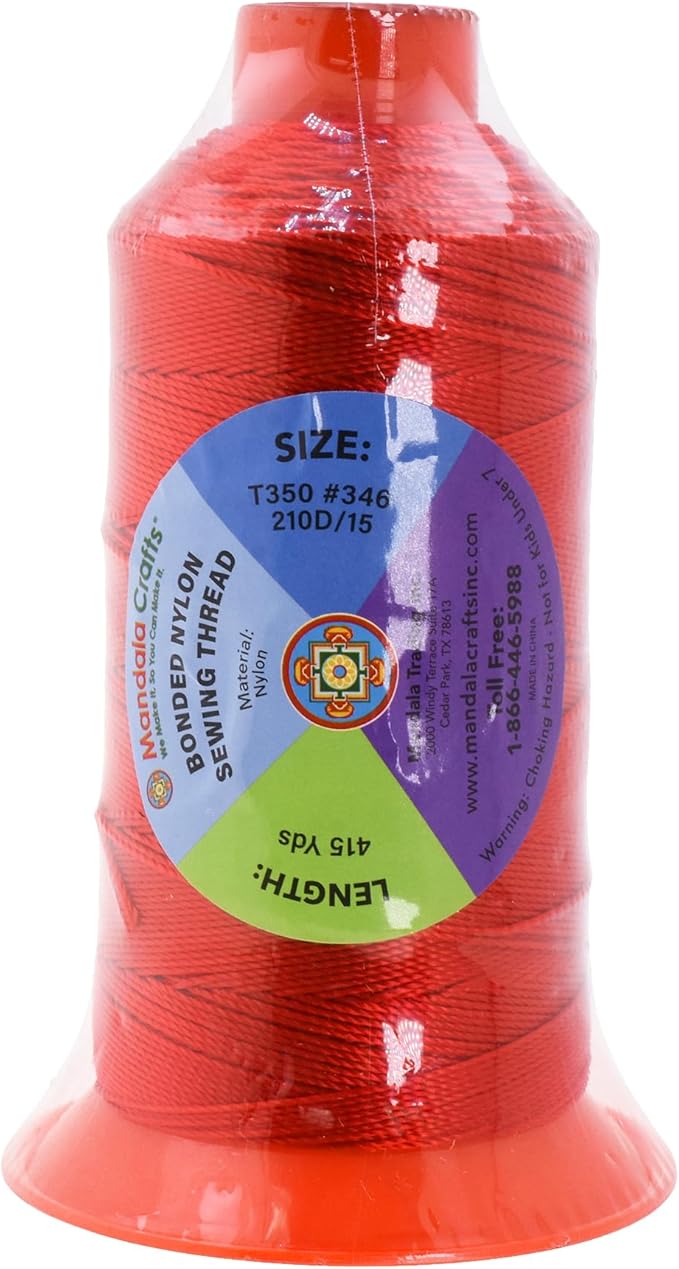 Mandala Crafts Size 346 210D T350 Bonded Nylon Thread - Red 415 YDs Tex 350 Heavy Duty Sewing Threads for Leather, Jeans, Weaving, Outdoor Marine Upholstery