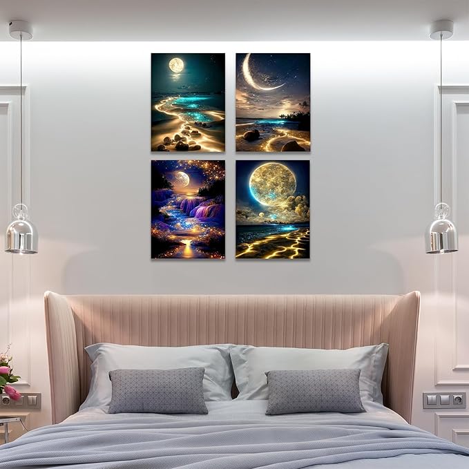 Muzagroo Art Moon Diamond Painting Kits for Adults 5D Diamond Art Kits for Beginners DIY Diamond Arts and Crafts for Living Room Diamond dots Kits Kids Room 4 PCS Wall Art(Moon)