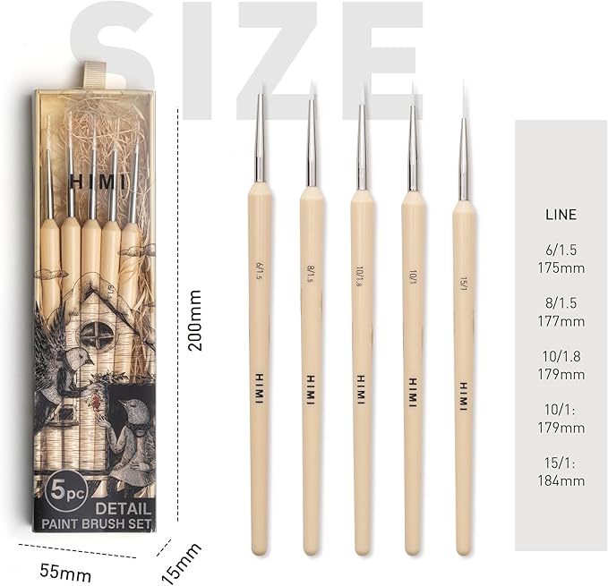 HIMI Gouache/Paint Detail Brushes Set 5 Pcs for Acrylic Oil Watercolor Face & Body Gouache Painting Nice Gift Art hobbyist,Adults (Yellow, Detail Brush)