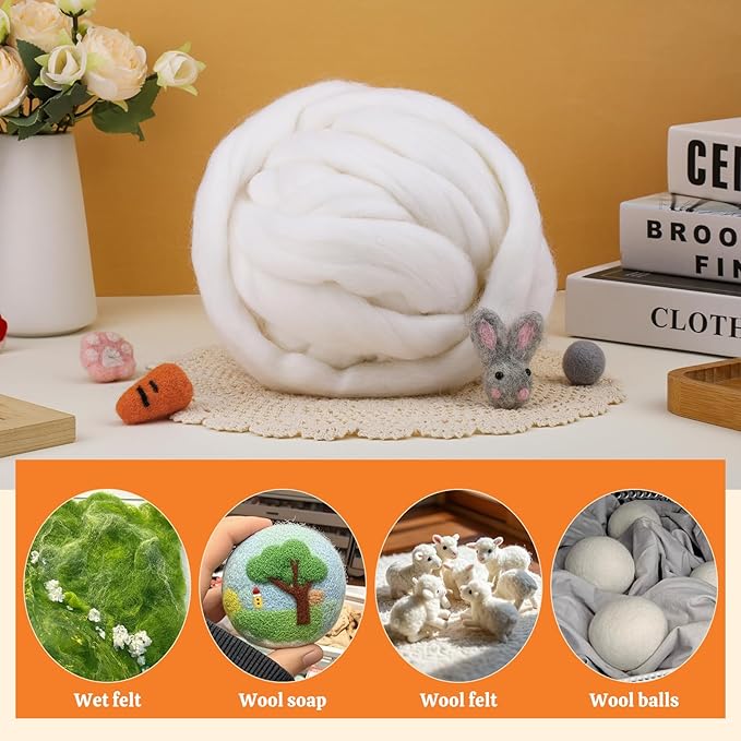3.53oz Wool Roving: Needle Felting Wool White Roving Wool Felting Supplies Pure Wools Chunky Yarn Spinning Wool Roving for Needle Felting Wet DIY Hand Spinning