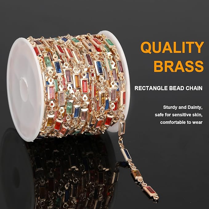 KYUNHOO 13 Feet Mix Colored Rectangular Rhinestone Chain Spool Paperclip Chain Links Gold Plated Chains for Jewelry Making Brass Chain Bulk with Jump Rings and Lobster Clasps