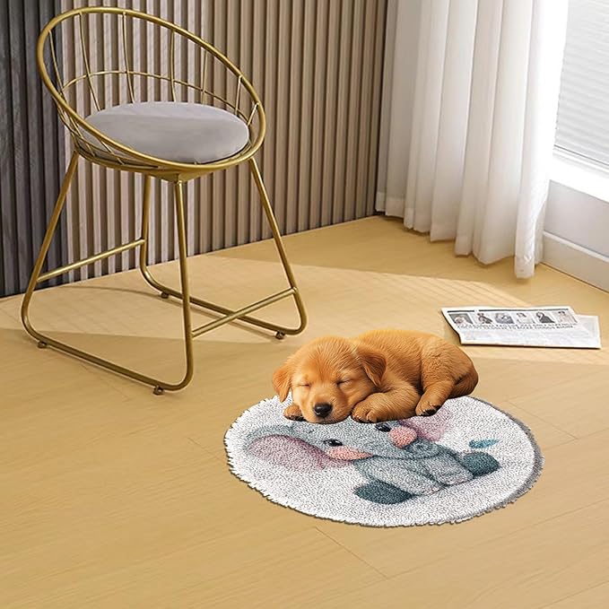 Latch Hook Rug Kit Cute Baby Elephant Stamped Handmade Round Shape Carpet Crochet Yarn Craft DIY Hook and Latch Door Mat Tapestry for Home Floor Decor 50x50cm(3)