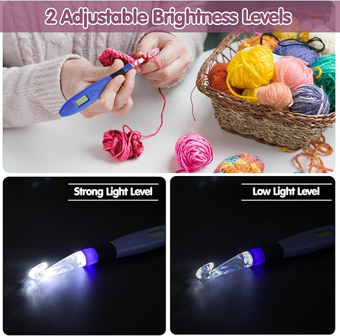 Light up Crochet Hook Set with Stitch Counter Crochet Kit with 12 Different Size Interchangeable Crochet Needle,Ergonomic with 2 Levels Led and Digital Stitch Counter for Crocheting and Knitting