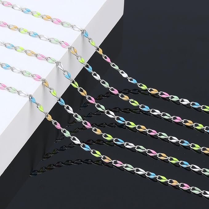 KYUNHOO 13 Feet Rainbow Links Silver Jewelry on Roll Colorful Oil Drip Chains for Jewelry Making Mixed Color Enamel Chain Spool for Women DIY Crafting Supplies Findings