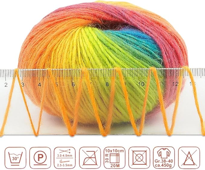 2 Skeins Rainbow Soft Yarn 100% Wool Gradient Multi Color Yarn for Crocheting Knit Total Length 180m×2(196yds×2,50g×2)-11