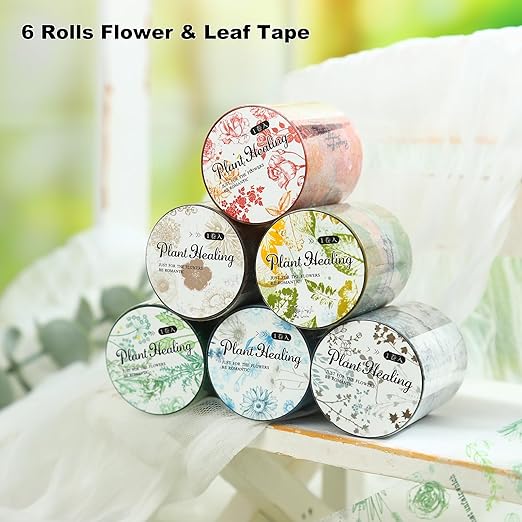 Botanical Impressions PET Tape Set – 6 Floral & Leaf Designs, Transparent Adhesive Craft Tape for Scrapbooking, Junk Journal, Card Making & DIY Decoration