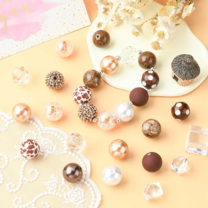Ipotkitt 50 Pcs/Set Coconut Brown Leopard Print Beads Bracelet Bead Kit with Chain Clasp Candy Color Acrylic Round Spacer Beads for Jewelry Making