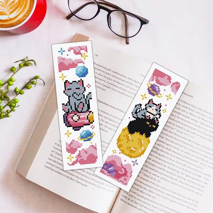 ORIGACH 6 Pcs Cross Stitch Bookmark Kit for Beginner Adults, Cute Cats in Outer Space Stamped Embroidery Bookmark Kit with Instruction for Starters Printed Cross Stitch DIY Kits for Book Lovers