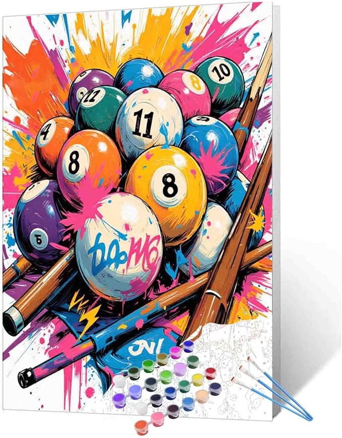 Aihonmin Colorful Pool Table DIY Paint by Numbers for Adults Modern Billiards Paint by Number Kit on Canvas for Beginners DIY Acrylic Paintwork for Home Wall Decoration Gifts 16"x20"(Frameless)