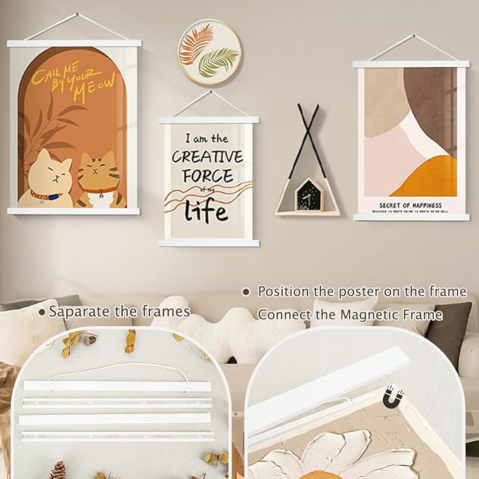 Artmag Magnetic Poster Hanger Frame, 36x24 36x48 36x12 Light Wood Wooden Magnet Canvas Artwork Print Poster Hangers Frames Hanging Kit (White, 36")