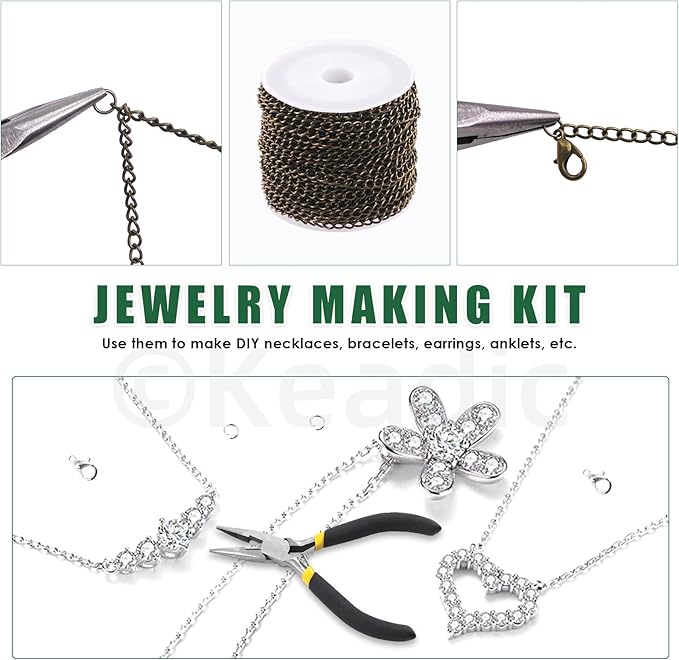 Keadic 102Pcs 30 Feet Jewelry Making Chains Kit W 3mm Metal Necklace Twisted Links Chain, Lobster Clasps, Open Jump Rings and Jewelry Pliers for Bracelet Earring Anklet DIY (Bronze)