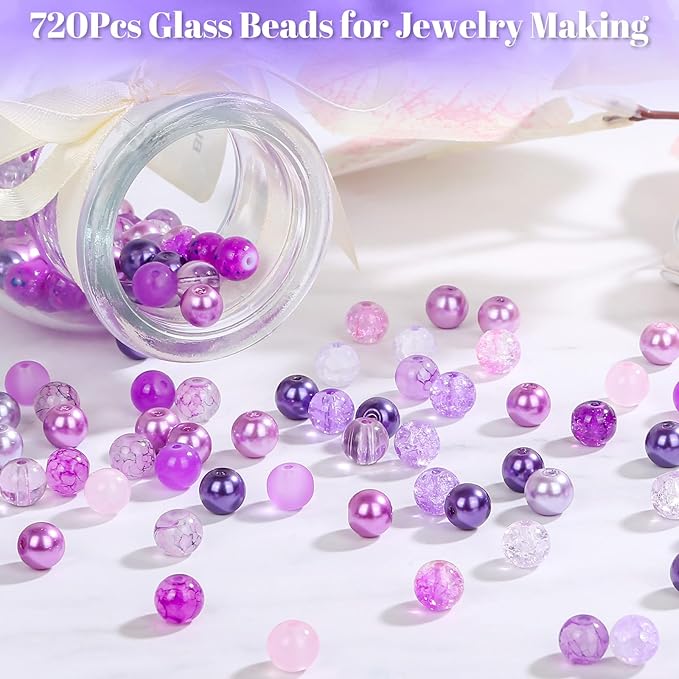 PAXCOO 720pcs Glass Beads for Jewelry Making 8mm, 24 Colors Bead Bracelet Making Kit Purple Round Loose Beads for Bracelet Earring Necklace Jewelry Making Supplies