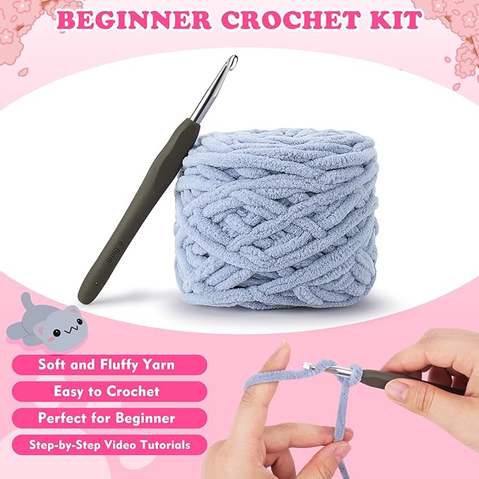 Crochet Kit for Beginners-2PCS Kitty Crochet Kit with Step-by-Step Video Tutorials, Crochet Starter Kit for Adults, Learn to Crochet Cats, Beginner Crocheting Kit Easy Peasy Yarn Gifts for Birthday