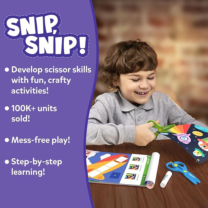 skillmatics scissor skills activity book - snip snip, 25 fun cutting & creative activities, 2 child-safe scissors, felt craft kit, classroom valentine’s day gift for kids ages 3, 4, 5, 6, 7