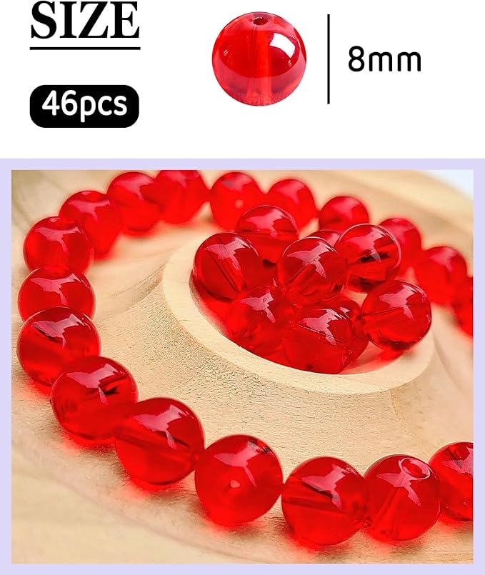 8mm Glass Beads 46PCS Glass Beads for Jewelry Making Charm Round Loose Bead for Bracelet Making Kit (Light Scarlet Glass)