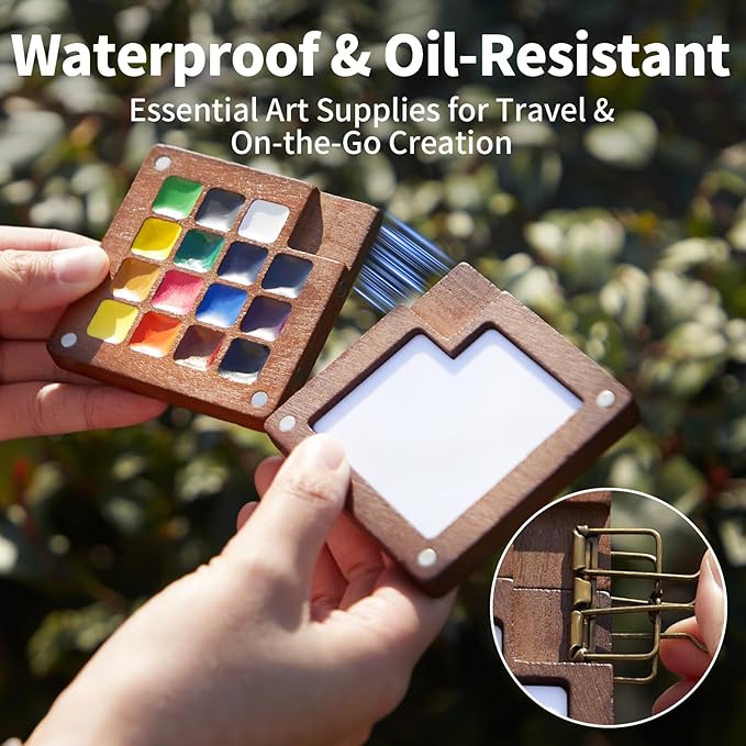 Mini Watercolor Paint Set, All-in-One 15-Color Walnut Wood Travel Kit with Crossbody Bag, Watercolor Journal, Metal Clip, Water Cup, Water Brush, Portable Pocket Art Set for Adult Art Lovers (Green)