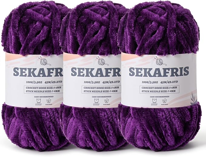 Fuzzy Chunky Chenille Yarn for Crocheting，Soft Plush Yarns for Hand Knitting，Bulky 3x100g（3x49.2 yd） Baby Blanket Yarn for Crocheting Amigurumi，Crochet Fluffy Velvet Yarns (3 Dark Purple)