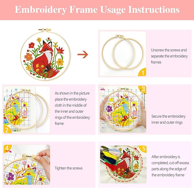 Zhenqing Stamped Cross Stitch Kits for Beginners, Easy-to-Learn Therapeutic Animal Designs with Instructions, DIY Family Craft Kits - Hedgehog, Fox, Squirrel, and Bunny 4-Piece Set (69037)