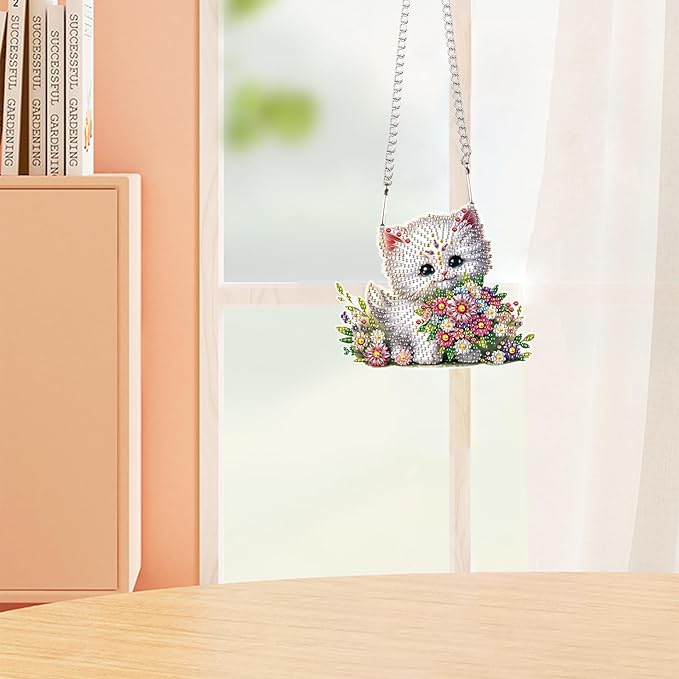 Tontut 5D DIY Diamond Art Painting Pendant kit, Flower cat Special-Shaped Hanging Crystal Window Pendant kit, Adult Gift Home Curtains, Yard Entrance Decoration