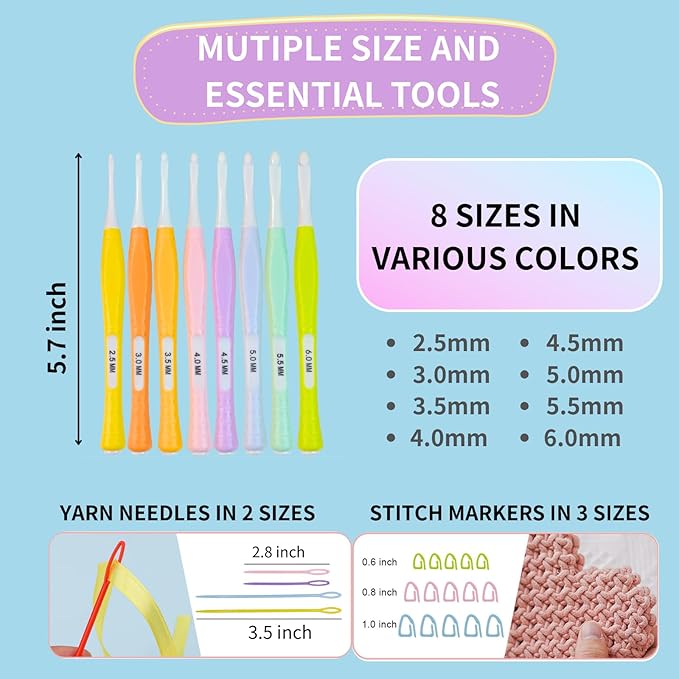 Araeknotta Small Crochet Hooks Set with Stitch Markers, Yarn Needles - 8 Sizes (2.5mm, 3mm, 3.5mm, 4mm, 4.5mm, 5mm, 5.5mm, 6mm) -Ergonomic Plastic Crochet Hook Needles for Arthritic Hands