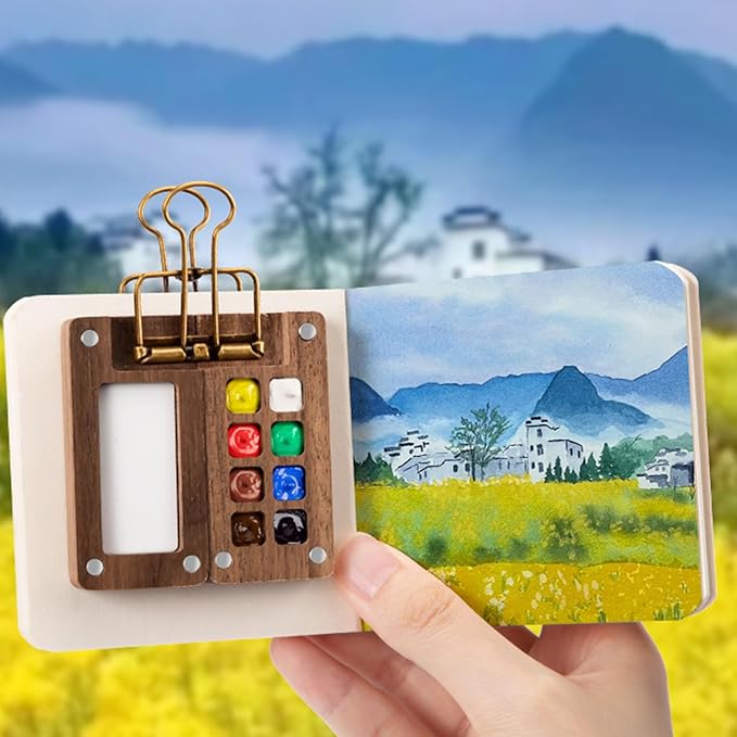 Mini Travel Watercolor Set Pocket Artist Watercolor Travel Set Grid Palette Box Sketch Book Brush Pens With Binder Clips For Painters Artists Students