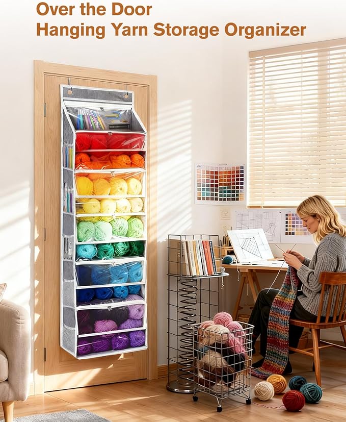 Hanging Yarn Storage Organizer, Large Capacity Over the Door Yarn Organizer with 6 Clear Zipper Pockets 10 Mesh Side Bags, Hanging Yarn Holder Knitting Storage Bag for Crochet Hooks, Grey