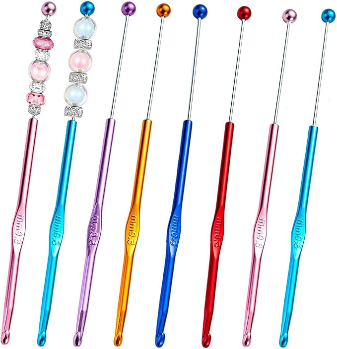 6 Pack DIY Beadable Crochet Hooks Knitting Needles Set Aluminum Handle for Focal Beads Colors (Blue Purple Red Orange Pink Light Blue, 5 mm)