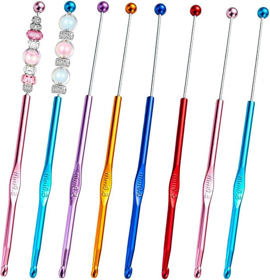 6 Pack DIY Beadable Crochet Hooks Knitting Needles Set Aluminum Handle for Focal Beads Colors (Blue Purple Red Orange Pink Light Blue, 5 mm)