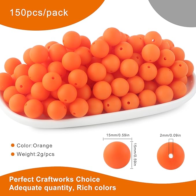 150Pcs 15mm Silicone Beads for Keychain Making Bracelet Necklace, Bulk Round Silicone Beads for Pens(Orange)