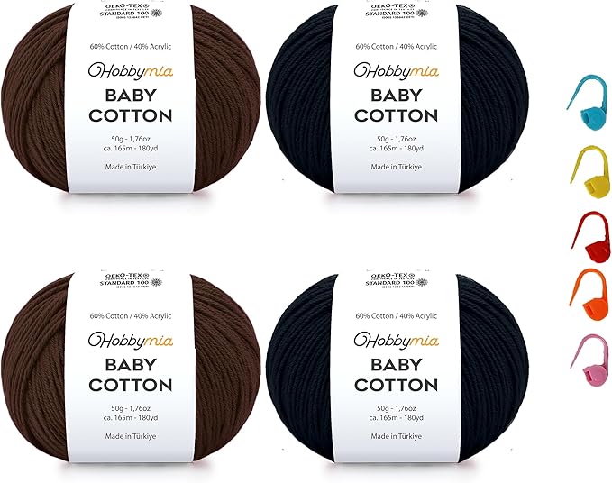 Baby Cotton Yarn Bundles for Crocheting - Each Ball is 50g / 180yds - (2) Fine, Sport Weight Yarn - Amigurumi Yarn, Crochet Thread - & 5 Stitch Makers (Black & Brown)