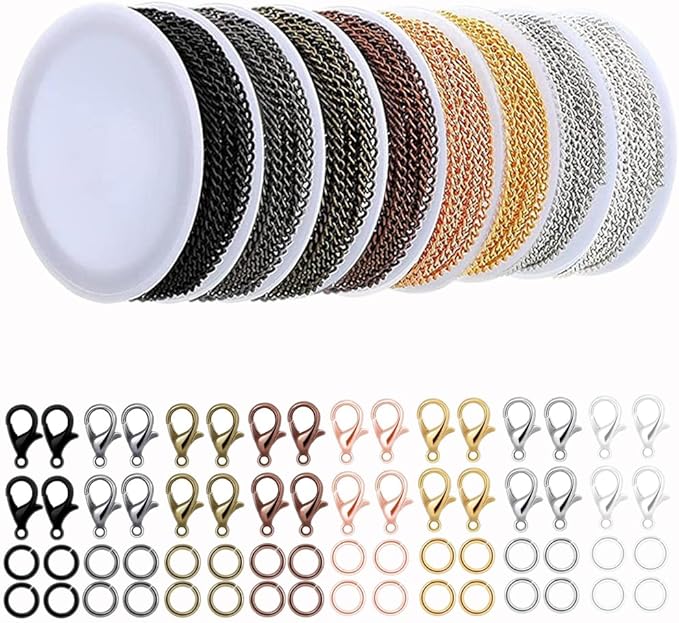 80ft Jewelry Making Kit - 8 Color Stainless Steel Curb Chain, 240 Jump Rings & 80 Lobster Clasps for DIY Bracelet, Earring & Necklace Crafts (2*3 mm)