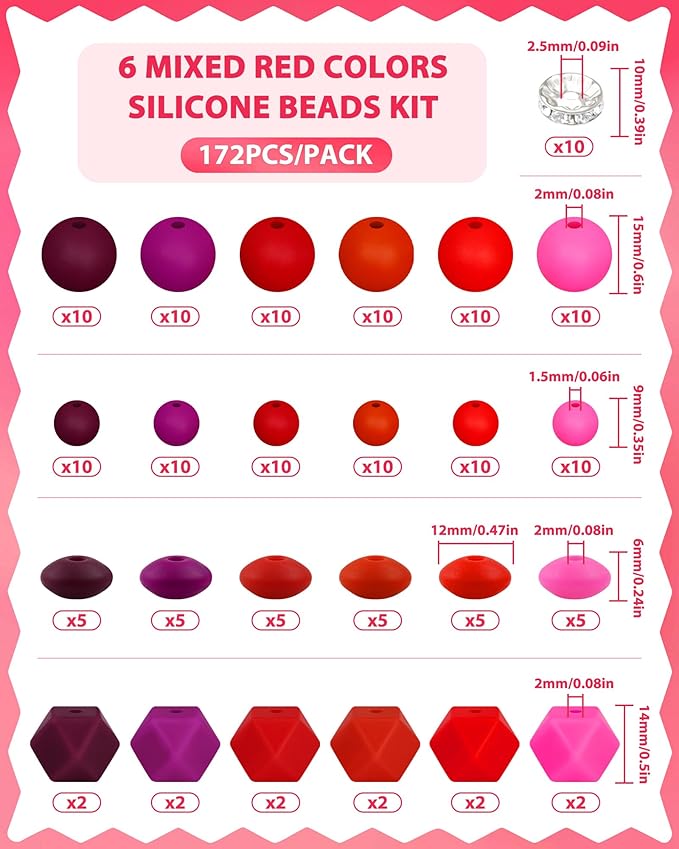 172PCS FIVEIZERO Silicone Beads for Keychain Making, 6 Mixed Colors Silicone Focal Beads Kit, 9mm & 15mm Round Lentil Hexagon Bead & Rhinestone Spacer Bead for Jewelry Making & Bracelets (Red)