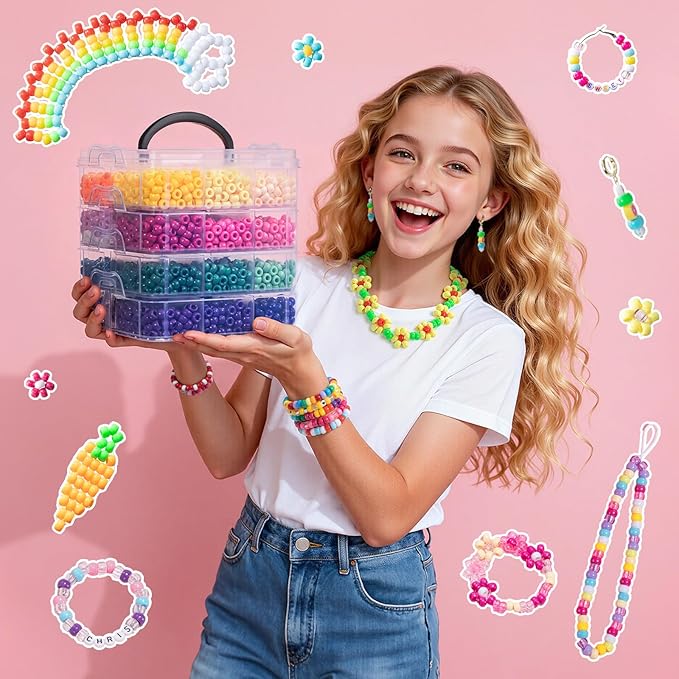Simetufy 3600Pcs Pony Beads, 24 Colors Kandi Beads Bulk for Bracelets Making Hair Braiding Kandi Friendship Bracelet DIY Craft Jewelry Making Christmas Gifts（2.06LB, Stack Box）
