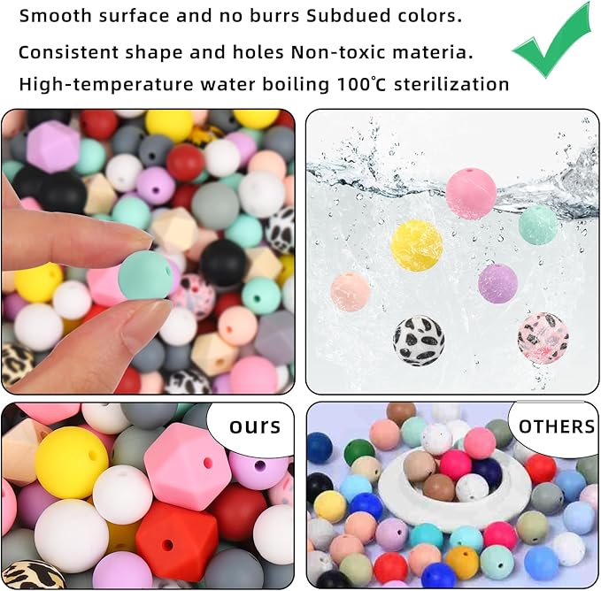 CZWZ 141pcs Silicone Beads for Keychain Making Kit 15mm 12mm Round 14mm Polygonal Silicone Loose Beads Bulk for Pens Bracelet Necklace Crafts Making