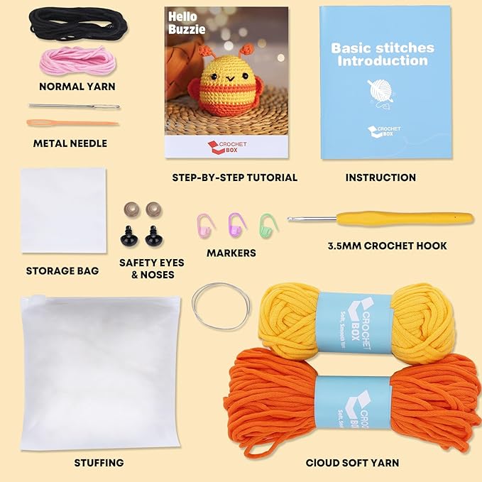 Crochet Kit for Beginners - Bee Crochet Kit, Learn to Crochet, All You Need in, Videos, Instructions, Soft Yarn, Birthday Gift for Adults