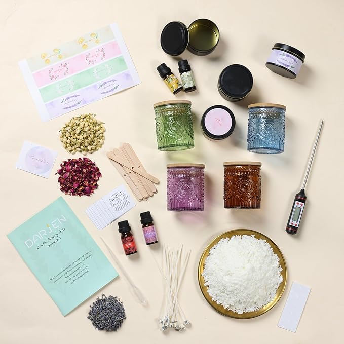 DARJEN Candle Making Kits - Soy Candles Making Supplies for Adults Including 4 Candle Jars(Amber, Purple, Blue, Green), Candle Tins, Wax, Scents, Dried Flower & More, DIY Arts & Crafts Kits Home Decor