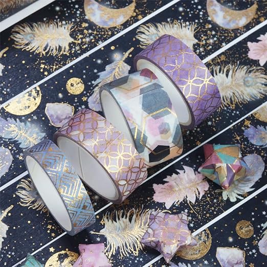 YUBBAEX Mystic Gold Washi Tape Set Wide Silver Foil Masking Tape Decorative for Arts, DIY Crafts, Journal Supplies, Planners, Scrapbook, Card/Gift Wrapping (Geometric Aesthetics)