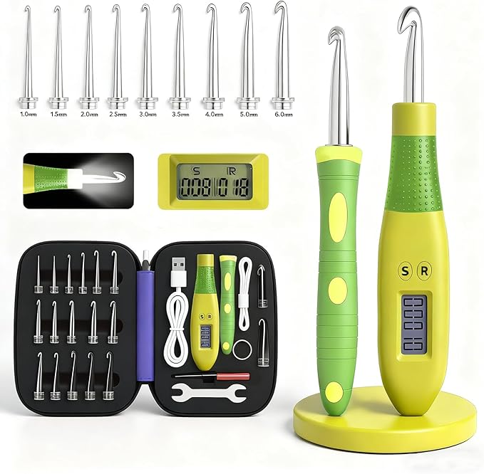 Light up Crochet Hook Set Counting Set Digital Crochet Kit Ergonomic with Lighted Led and Stitch for Crocheting and Knitting