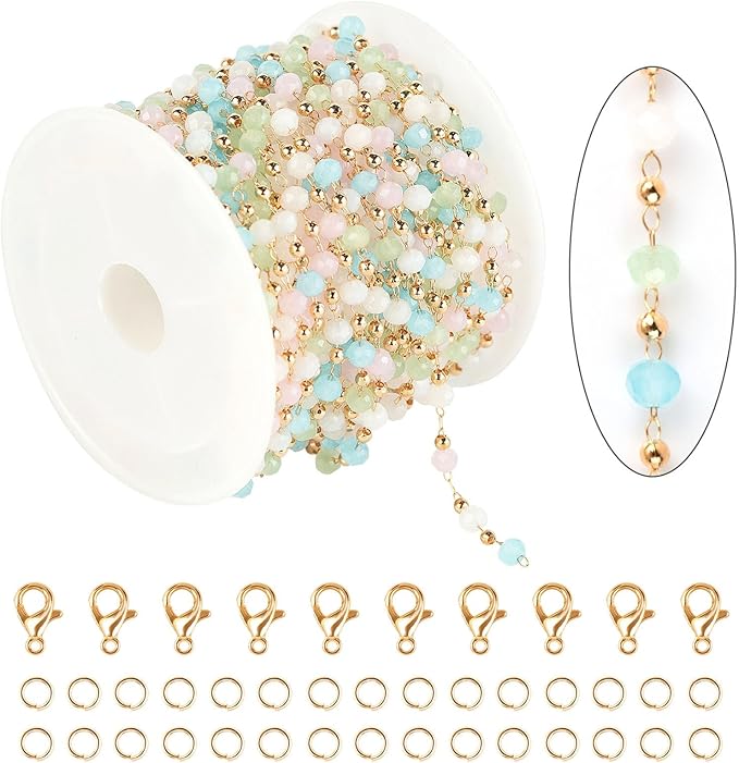 KYUNHOO 5M KC Gold Plated Brass Chains for Jewelry Making Colorful Satellite Bead Chain Bulk with Lobster Claps and Jump Rings Unfinished Jewelry Supply Findings